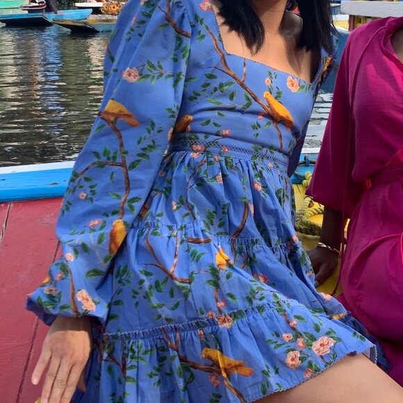 Agua Bendita Avena Canarios Dress Blue Bird Tree Floral Print Cotton Mini S - Picture 3 of 3